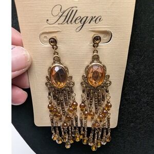 Allegro Dangle Earrings Amber Oval Beaded Chandelier Gold Tone Boho Statement
